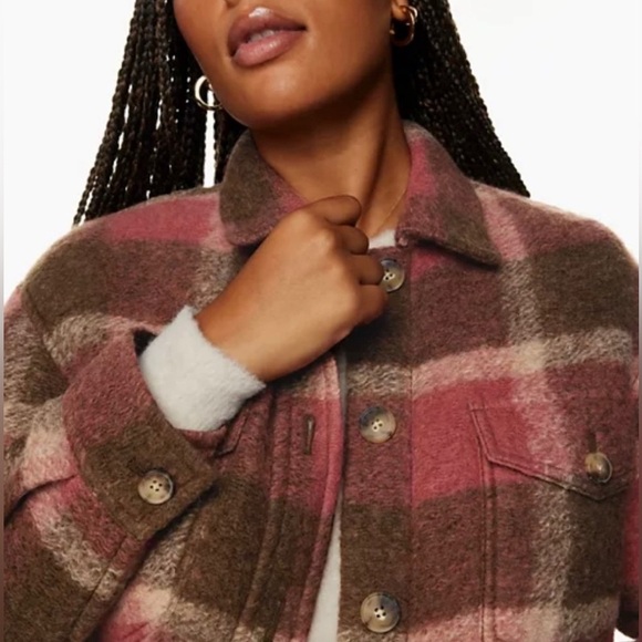 Aritzia Wilfred The Ganna Cropped Shacket Size Small Wool Brown Pink Plaid - Picture 2 of 10